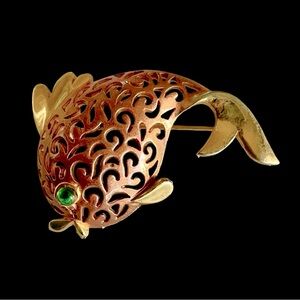 Vintage Signed JJ Fish Brooch Copper and Goldtone with Green Rhinestone Eye